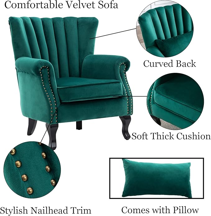 DM Furniture Mid Century Accent Chair Modern Tufted Wingback Armchairs Club Chair Velvet Fabric Single Sofa Lounge Chair with Pillow for Living Room, Green