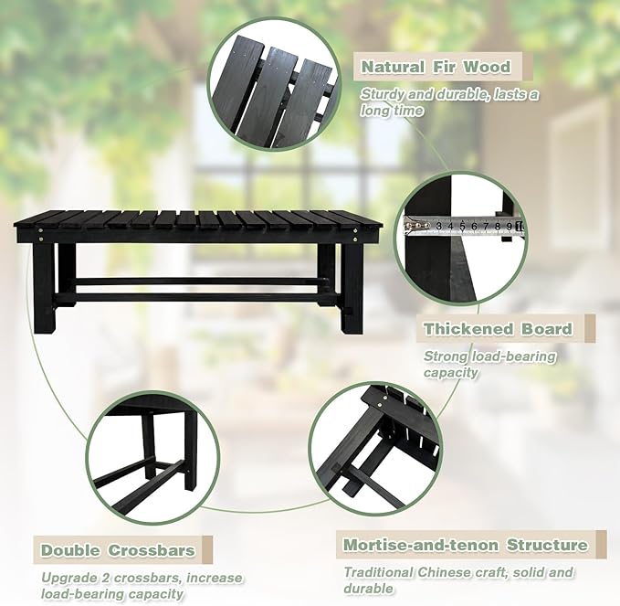 LSPYYDS Outdoor Garden Bench, 3-Person Wood Patio Bench Weatherproof Outdoor Backless Bench, Anti-Corrosion and Anti-Rust Garden Benches for Garden Lawn Porch Park Backyard (Black,47.25''/120cm)