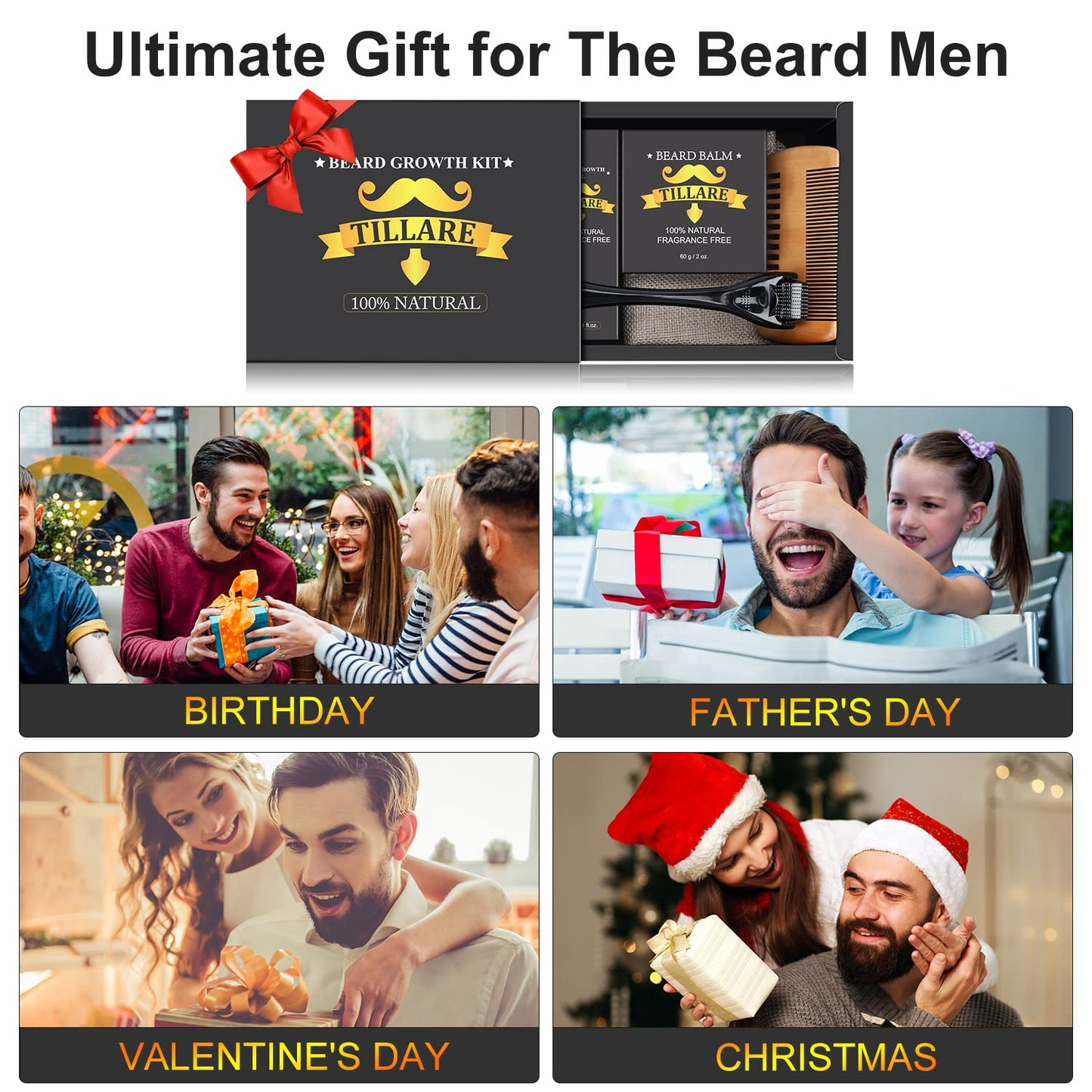 Beard Growth Kit, Beard Kit with Beard Growth Oil, Balm, Comb, Massager for Fuller & Stronger Beards, Birthday Gifts for Men Husband Dad Boyfriend