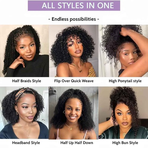 OZQKB 12A 220% Density Kinky Curly Half Wig Human Hair 3 In 1 Seamless Flip Over Half Wigs Wear Go Glueless Wigs Human Hair With Drawstring Beginner Friendly Headband Wig Human Hair For Women 18 Inch