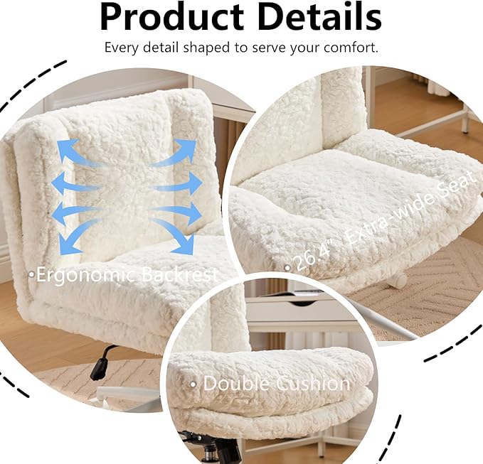Cross Legged Office Chair with Wheels, Comfy Armless Office Chair with Extra-Deep Seat & 2-Layer Cushions, Adjustable Height, Tilt-Back Swivel Faux Fur Vanity Chair for Home Office, Cream