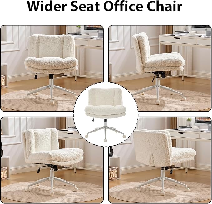 Cross Legged Office Chair with Wheels, Comfy Armless Office Chair with Extra-Deep Seat & 2-Layer Cushions, Adjustable Height, Tilt-Back Swivel Faux Fur Vanity Chair for Home Office, Cream