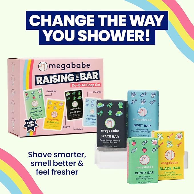 Megababe Raising the Bar Do-It-All Soap Set | Stocking Stuffer Holiday Gift | Includes Space, Bidet, Bumpy, & Blade Bars