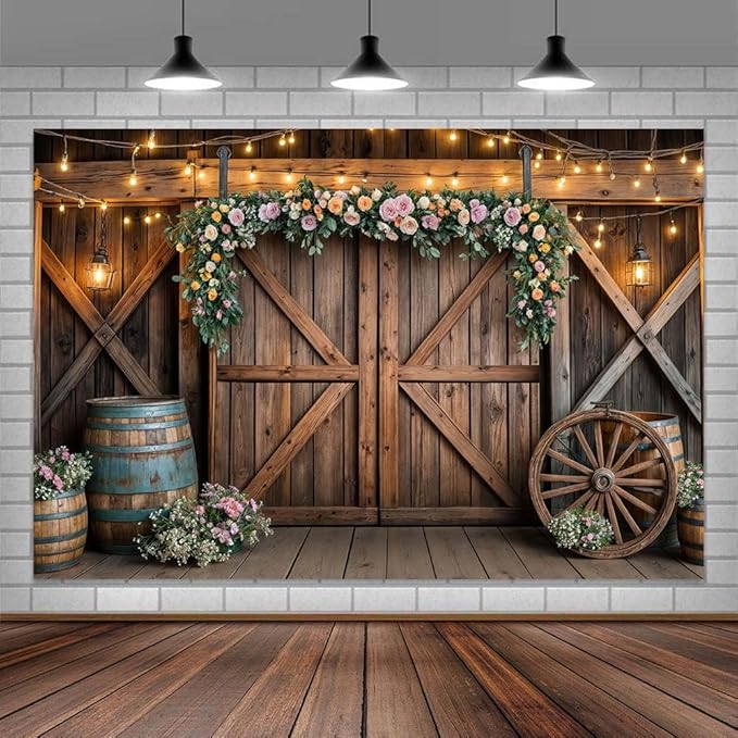 10x8ft Country Wedding Photography Backdrop Rustic Barn Door Photography Backdrop Farmhouse Pink Flower Cabin Wooden Birth...