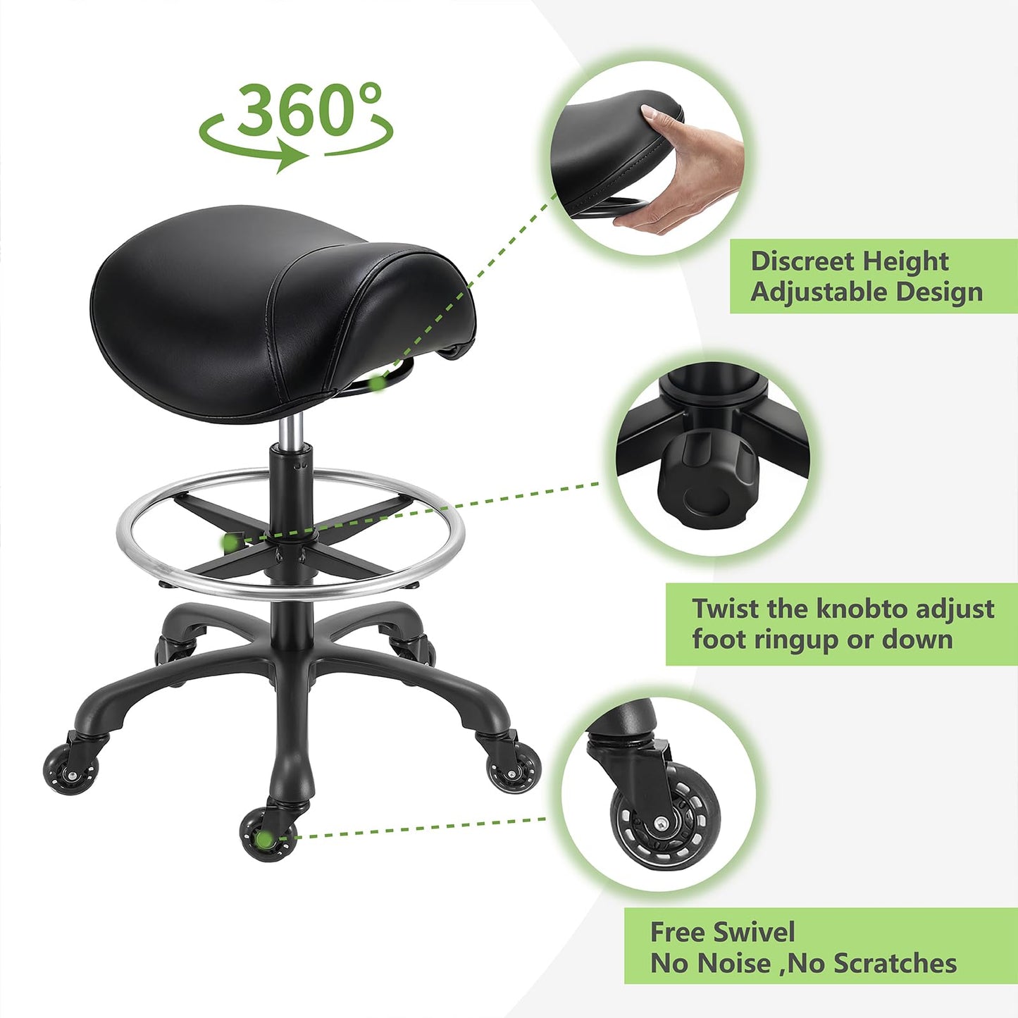 Coczeb Saddle Salon Stool with Footrest,Heavy Duty, Adjustable Height, Rolling Esthetician Chair for Tattoo Spa Medical Dentist Clinic (Black)