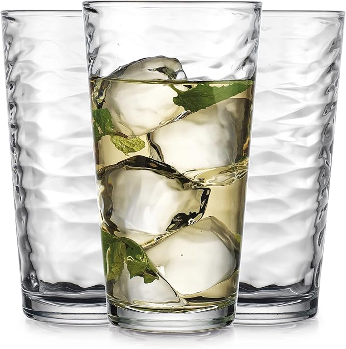 Glaver's Hammered Glass Cups. Cocktail Drinking Glasses Set of 6 Tall Kitchen Glasses, 17 oz Water Glassware For Bar, Juic...