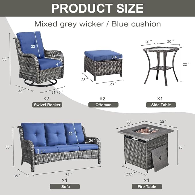 Belord Outdoor Patio Furniture Set with Propane Fire Pit Table, 7 Pieces Wicker Patio Conversation Set with 2 Swivel Glider Rocker Chairs Rattan Sofa Blue Cushion Perfect for Casual Gathering Gray