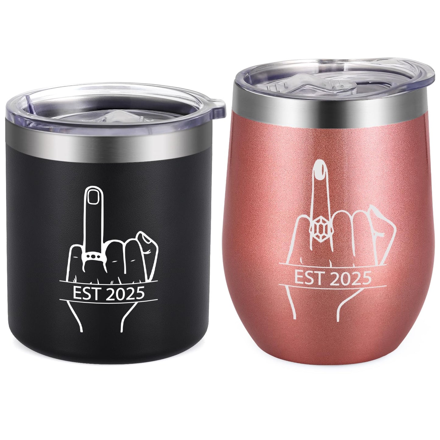 Qtencas Ring Finger EST 2025 Stainless Steel Whiskey & Wine Tumbler Set, Wedding Gift for Couple, Unique Engagement Present for Friends Mr Mrs His Her Just Married, 12oz Black & Rose Gold