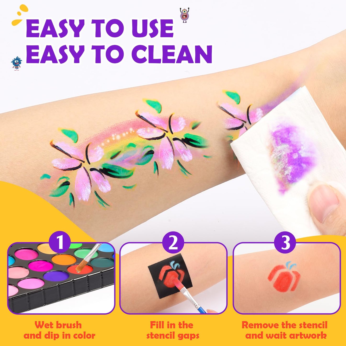 Face Painting Kit for Kids, 24 Colors Water Based Non-Toxic Face Paint with Stencils & Brushes, Professional Body Makeup Set for Halloween, Birthday, Parties with Guide Book Art and Craft Art Supplies