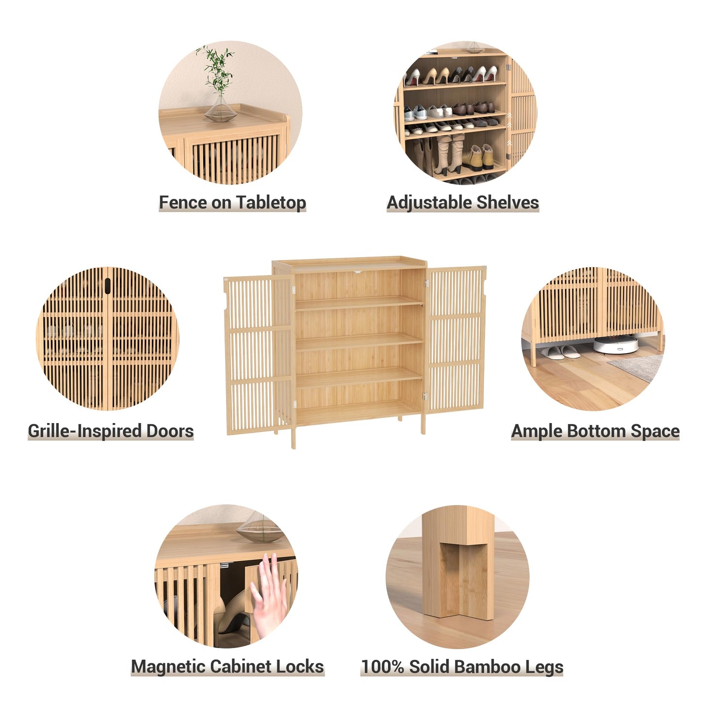 Bamboonova Shoe Cabinet, 20 Pair Farmhouse Shoe Organizer Cabinet, Freestanding Bamboo Wood Shoe Storage Cabinet with Grille Doors, 5-Tier Narrow Shoe Cabinet for Entryway Hallway, Natural