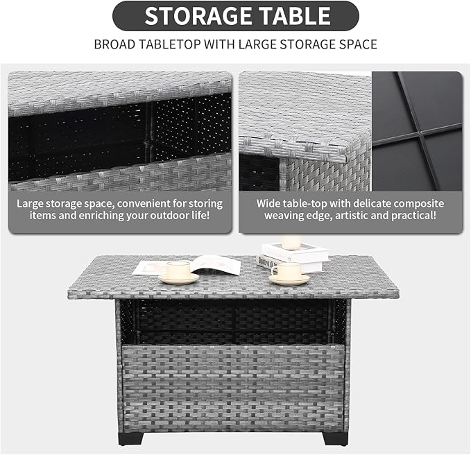 Rattaner 9-Piece Outdoor Sectional Wicker Furniture Set Patio Furniture Conversation Couch Set Large-Size Storage Table with Thicken(5") Anti-Slip Light Grey Cushions Cover