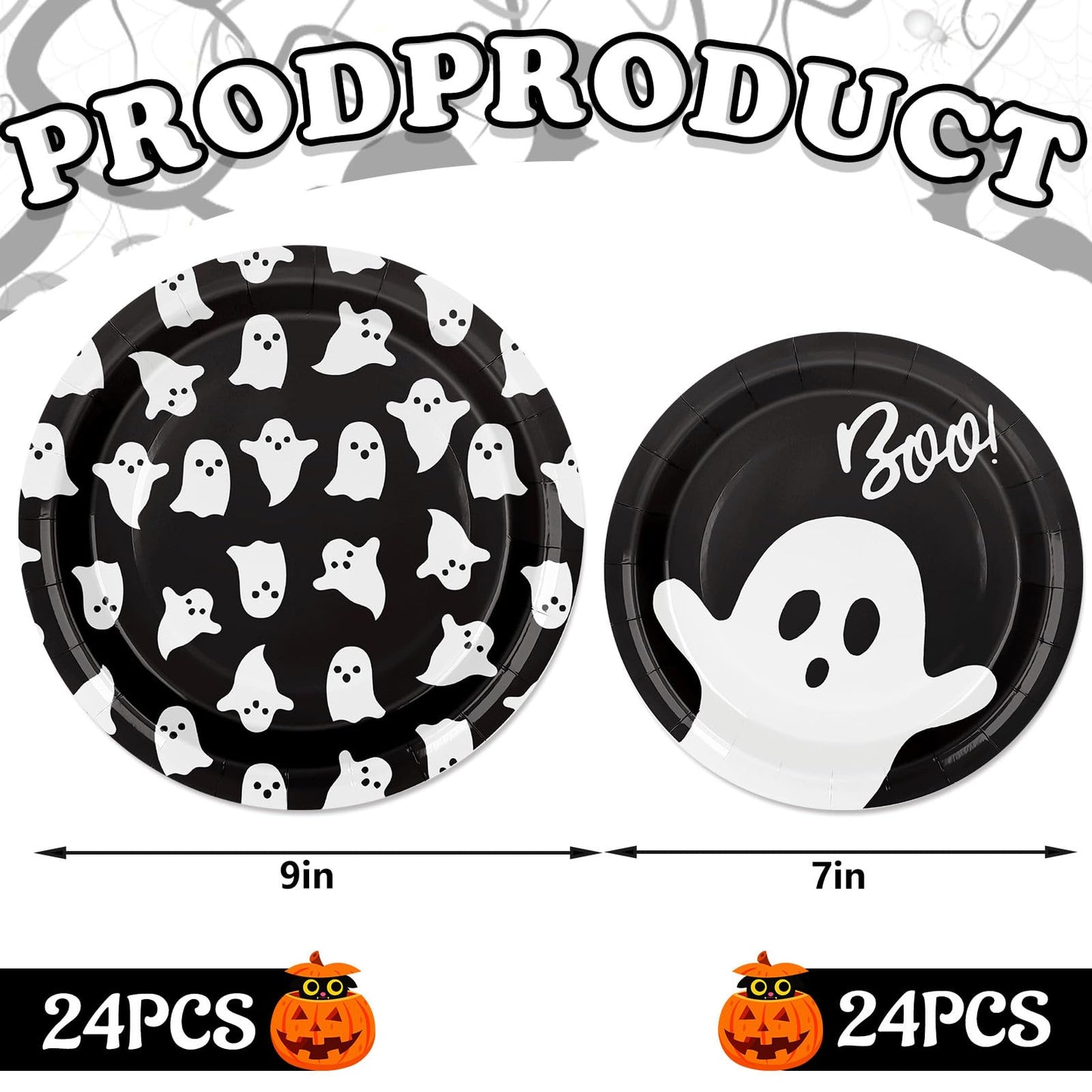 JarThenaAMCS 48Pcs Halloween Paper Plates Ghost Disposable Plates 9 Inch & 7 Inch Decorative Dinner Plates for Trick or Treat Birthday Party Supplies