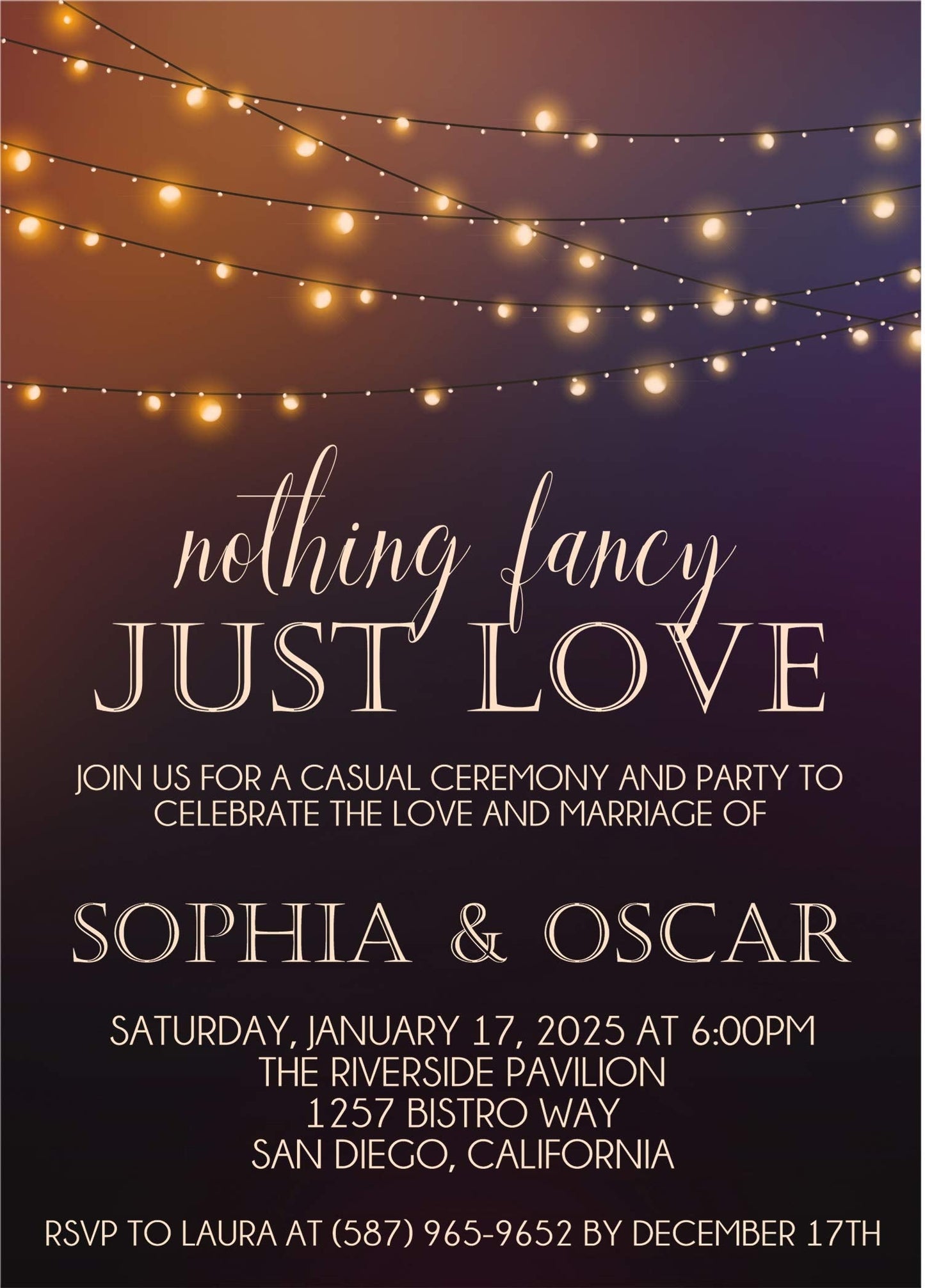 Casual Backyard Wedding Inviations, Set of 12 - Bistro Light Inspired Wedding Invitations With Envelopes (Copper)