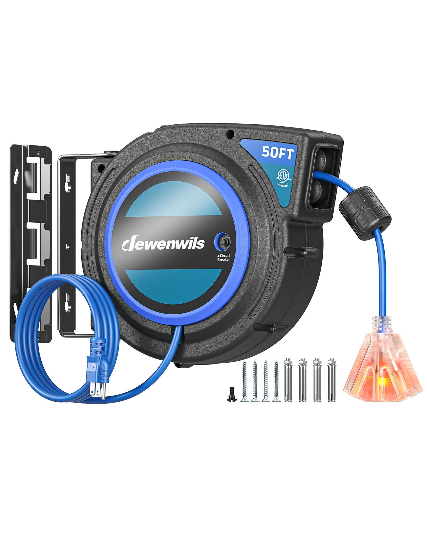 DEWENWILS Retractable Extension Cord Reel, 50 FT 14/3C SJTOW Heavy Duty Power Cord with Lighted Triple Tap Outlet, 180 Swivel Br