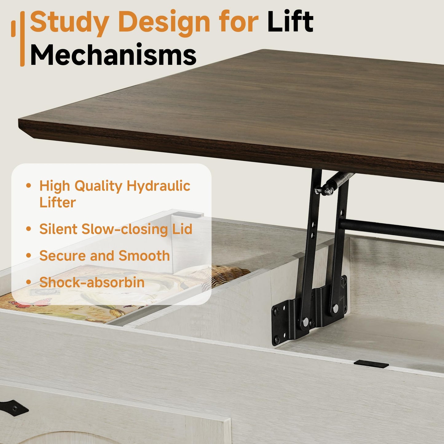 Farmhouse Coffee Table, 47.24 inches Wide Lift Top Coffee Table with Storage, Living Room Coffee Tables with Large Hidden Compartment, Warm White Walnut