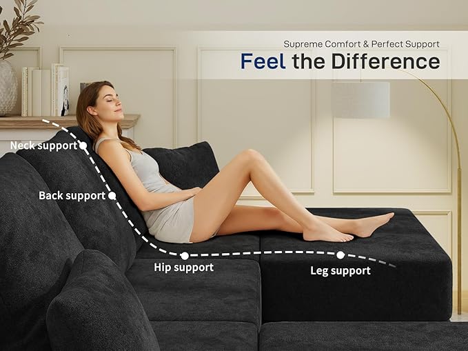 Cloud Modular Sectional Sofa, Comfy Boneless Couch for Living Room, Modern L-Shaped Couch with Reversible Chaise, Customizable Sleeper Sofa with Non Slip, No Assembly & Deep Seat, Black