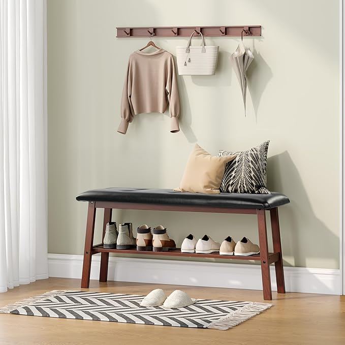 VINGLI Padded Solid Wood Dining Bench 39" Wooden Bench for Entryway, Bedroom, Kitchen & Living Room, with Shoe Rack Storage, Walnut