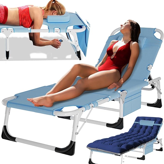 MOPHOTO Tanning Lounge Chair 5-Position, Outdoor Sunbathing Chairs Folding Chaise Lounge, Sun Tanning Lounger with Face Hole, Perfect for Pool Beach Patio Sunbathing