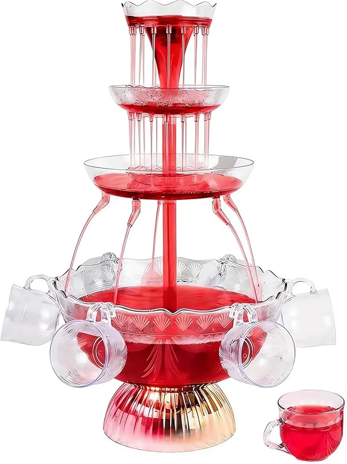 3-Tier Red Cocktail Fountain Drink Machine with LED Base and 5 Cups – Electric Drink Dispenser for Wine and Champagne at W...