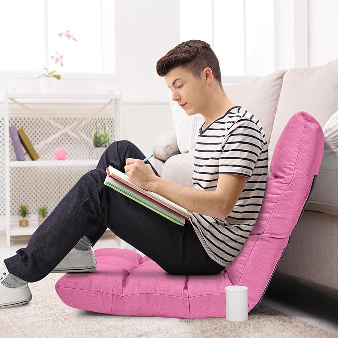 GORELAX Floor Chair with Back Support, 14-Poistion Adjustable Folding Gaming Chair Recliner, Meditation Chair with Steel Frame, Padded Lazy Sofa Chair for Adults, Kids (Pink)