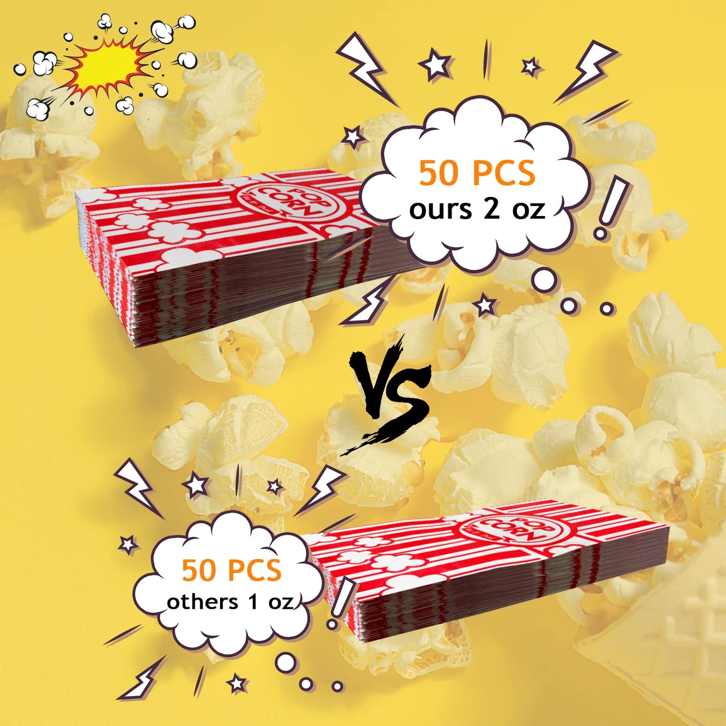 YESMONA 50 Pcs Flat Bottom Popcorn Bags, 2 oz Paper Popcorn Bags for Family Movie Night Baseball Themed Carnival Christmas Birthday Party