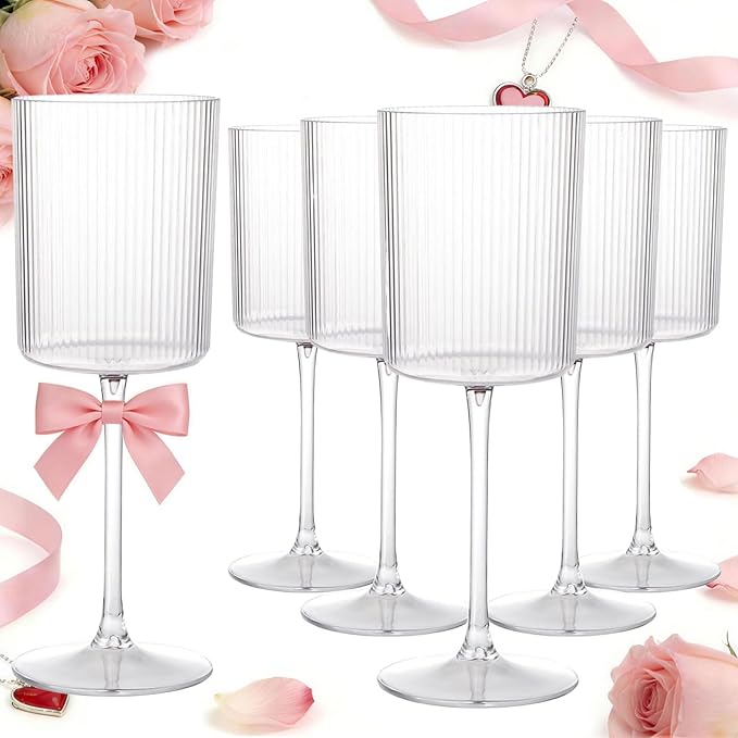 Ciaell 12 PCS Plastic Ribbed Wine Glasses - 10 OZ Plastic Square Wine Glasses with Stem - Disposable Champagne Cups for Pa...