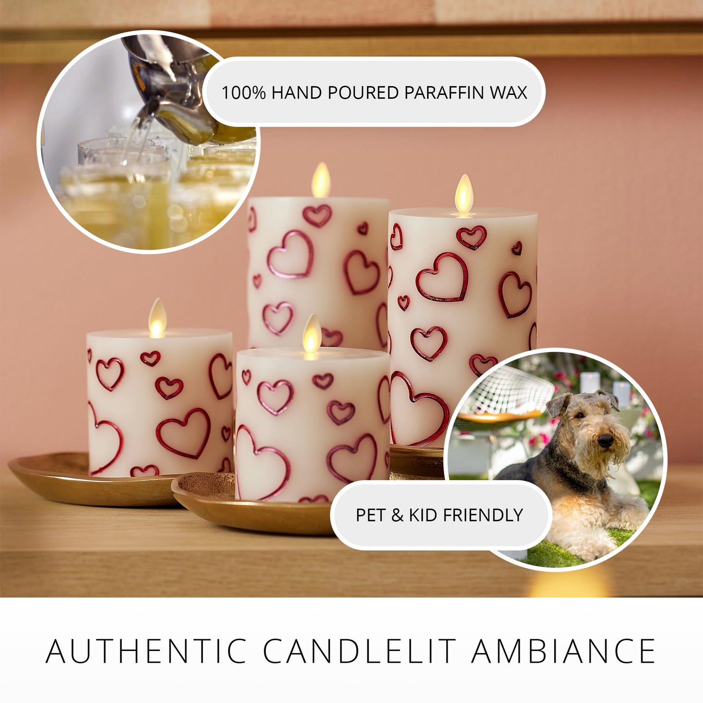 Luminara Debossed Hearts Pillar Candle Metallic Red - Patented Flickering Flameless Technology - Valentine's Day Collection - Remote Ready - 4.5"