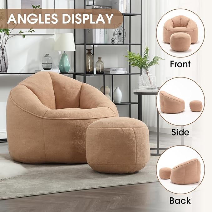 Sudwesto Bean Bag Chair for Adult, Microfiber Upholstered Bean Bag Sofa with Petal Back, Shell-Shaped Beanbag Chair with Footstool, Memory Foam Stuffed Lazy Sofa for Living Room, Bedroom (Tan)
