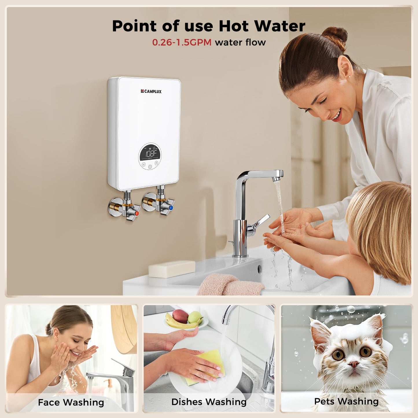 CAMPLUX Tankless Water Heater Electric 4.5kW 110~120V Small Instant Hot Water Heater, Point-of-Use, Save Space for Sink Wall Mounted LED Digital Display CSA Certified TE05