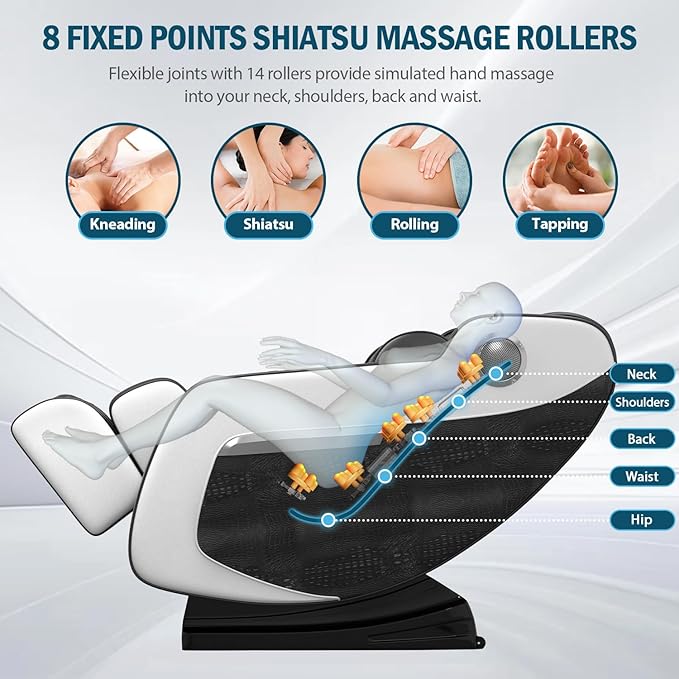 Massage Chair Full Body Zero Gravity, Massage Recliner with Air Pressure, 10 Fixed Massage Rollers, Heating, Foot Roller, Bluetooth Speaker, for Home Office Men Women (Black)
