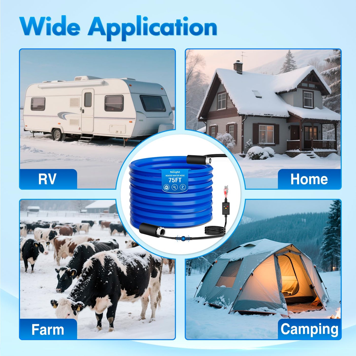 Nilight 75FT Heated Water Hose RV 5/8”Inside Diameter -45°F Freeze Protaction Antifreeze Garden Drinking Hoses with Saving Thermostat and Smart Heat System for Winter Camper Supply Accessories