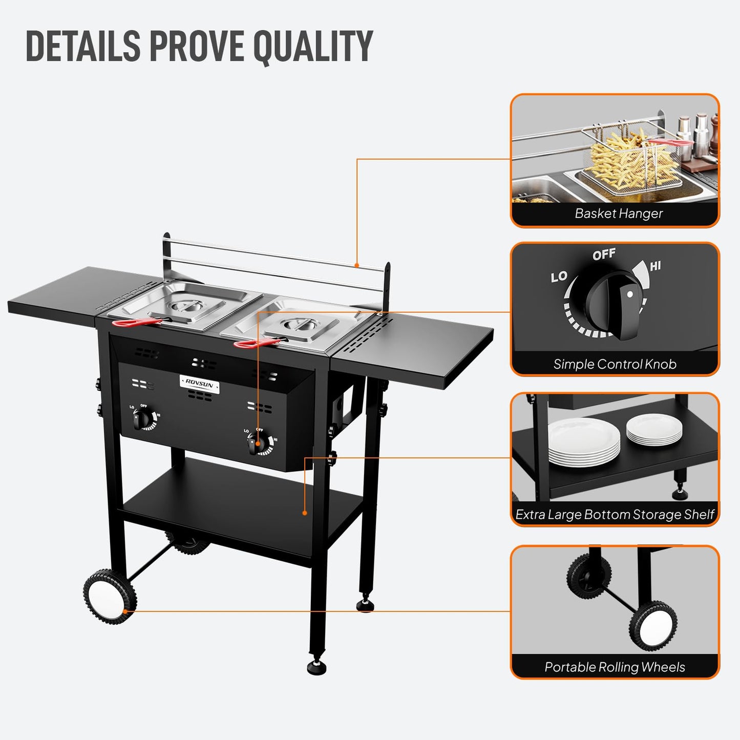 Bonnlo Outdoor Fryer with Dual 8QT Tank & Basket, 24,000 BTU Propane Deep Fryer with Side Shelf & Thermometers, Commercial Fryers with Wheels & Simple Control Knob for Outdoor Camping Cooking Use