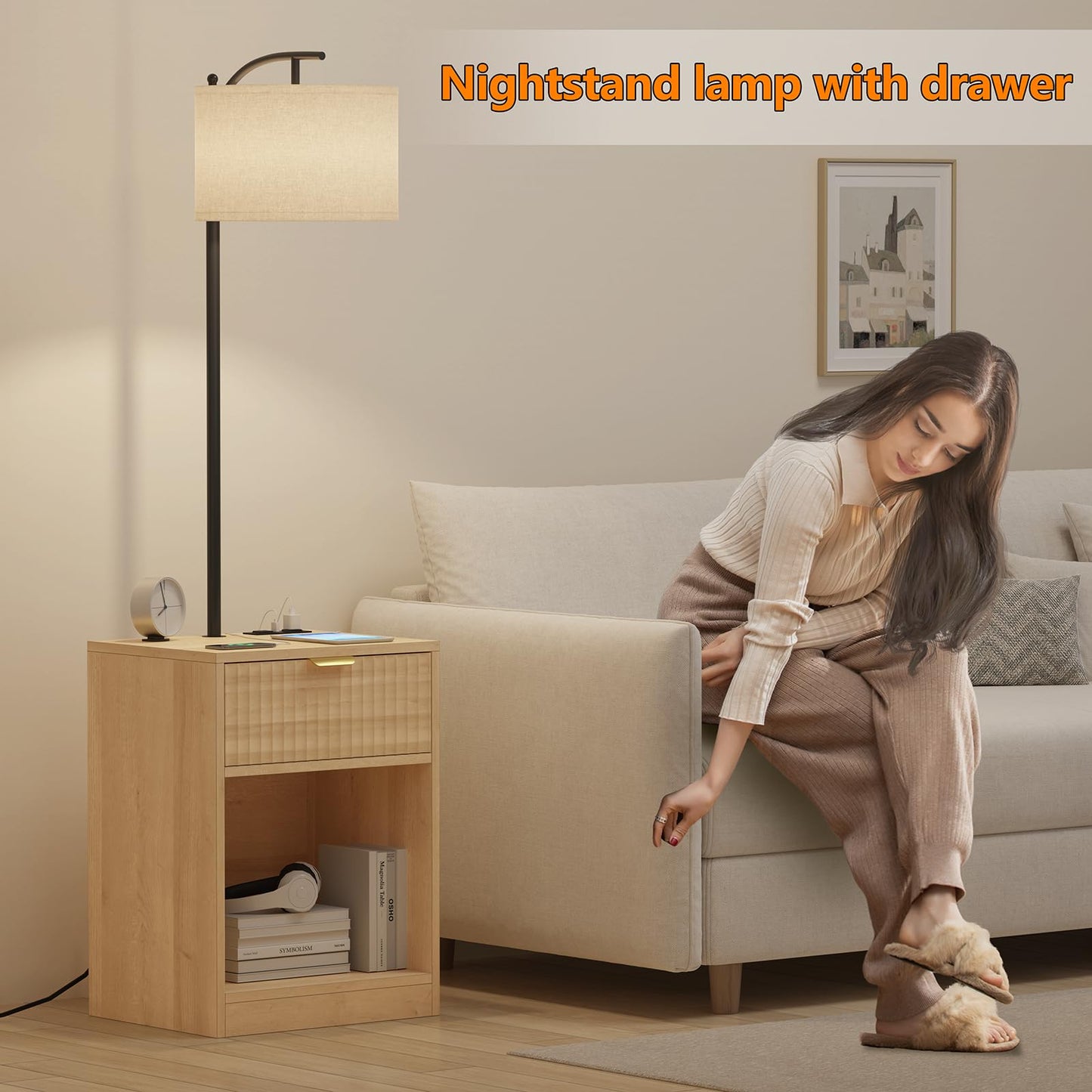 TVU Floor Lamp with Table & Drawers, End Table with Lamp and Charging Station, Modern Fluted Side Table Lamp with 3 Color Temperature Led Bulb, Floor Lamps for Living Room, Natural