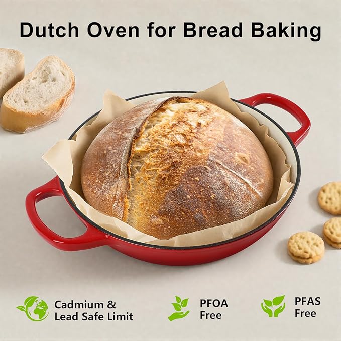 6QT Bread Dutch Oven Pot with Lid, Enameled Cast Iron Dutch Oven for Sourdough Bread Baking, Roasting, Stewing and Soup, Non-Stick Enamel Cookware for Oven/Stovetop, Perfect for Homemade Bread, Red