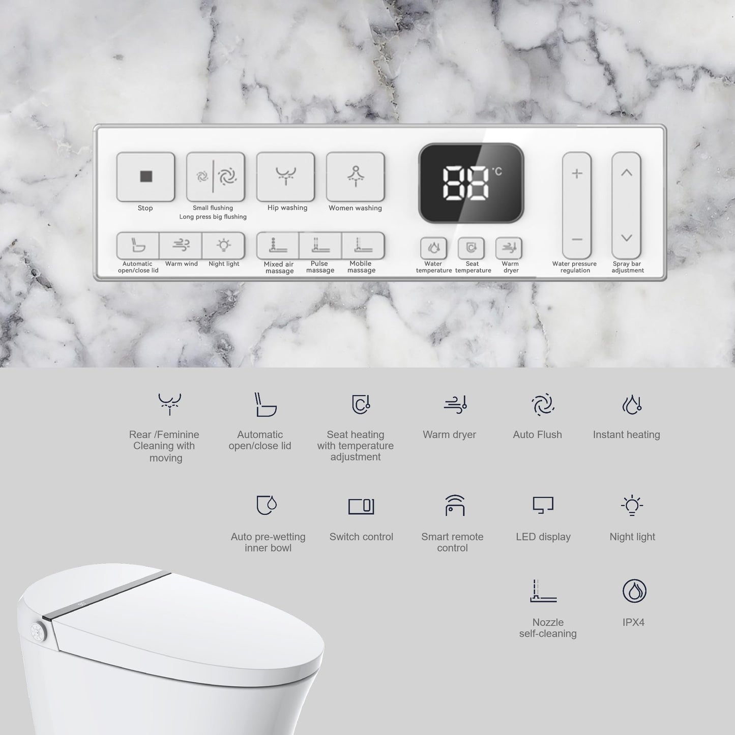 EIYHOME Smart Toilet,One Piece Toilet with Auto Open Close, Auto Flush, Foot Sensor Operation, Heated Seat，Warm Water & Dryer，Night Light，LED Display,White Remote Control
