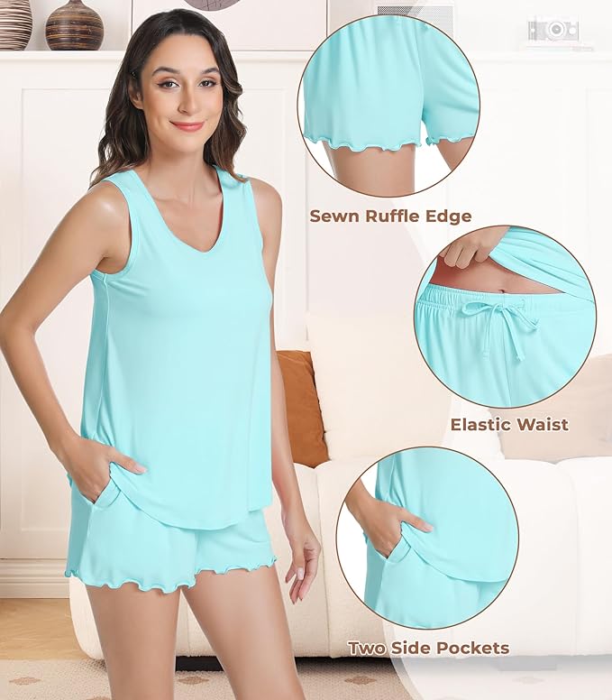 NACHILA Pajamas for Women-Viscose from Bamboo, Ribbed Racerback Tank Top Sexy Split Shorts Pajama Sets Cooling Sleep Cami Pjs
