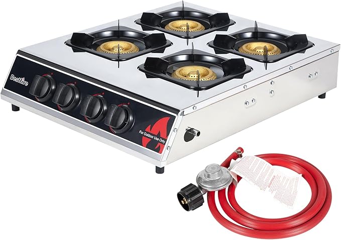 BESTFIRE 4 Burner Propane Gas Stove 40,000 BTU Stainless Steel Cooktop with Enamel Pan Support, Electronic Ignition, Regul...
