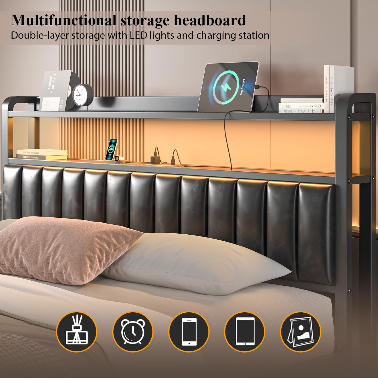 LoVinson Full Size Bed Frame with 2-Tier Storage Headboard, Metal Platform Bed Frame with Storage Drawers, Built in Charging Station & LED Light, PU Leather, Non-Slip, Easy to Assemble, Black
