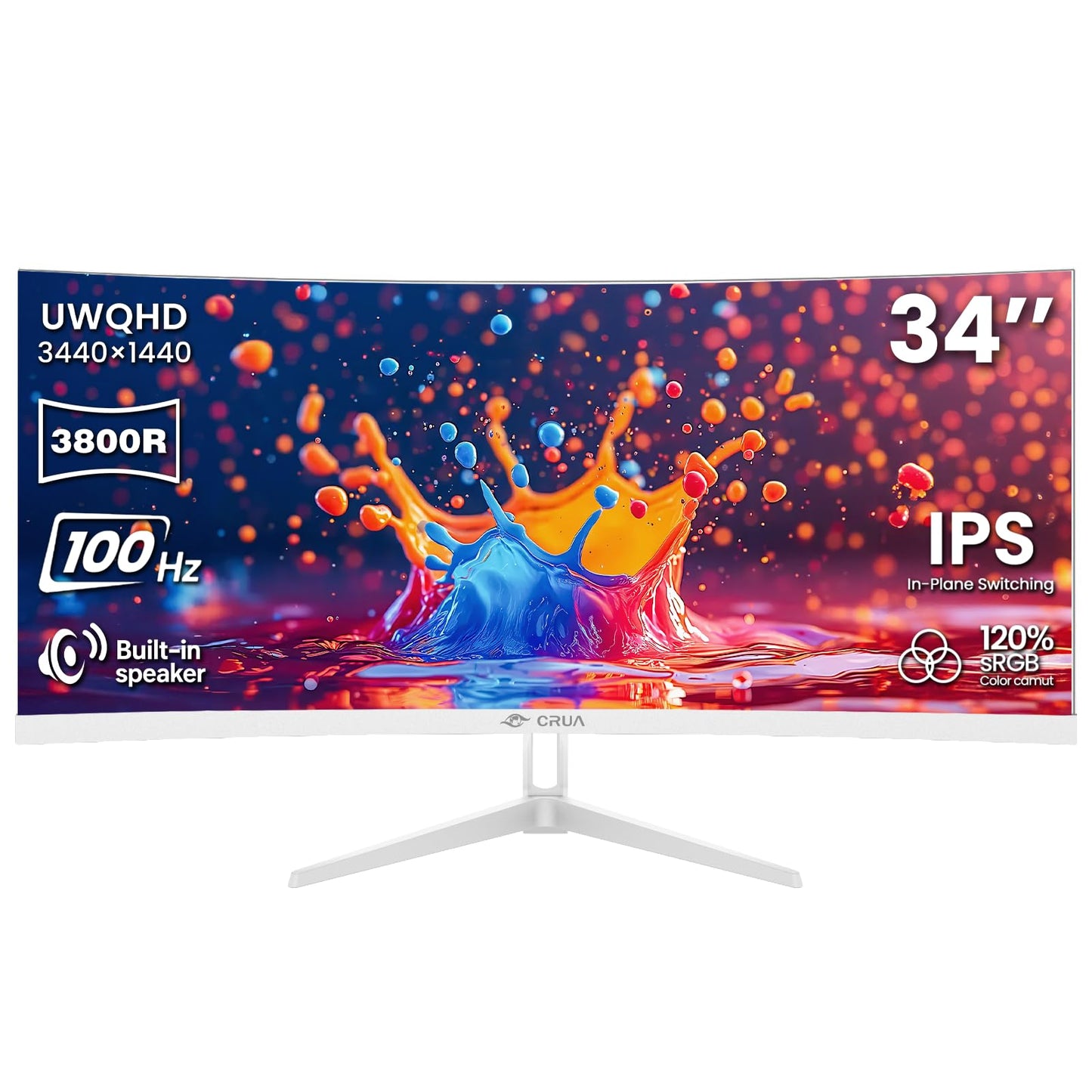 CRUA 34 Inch Ultrawide Curved Monitor, 21:9 UWQHD 3440x1440 100Hz 3800R IPS White Computer Monitors, FreeSync, Built-in Speakers, 120% sRGB, Blue Light Filter, HDMI 2.0 & DP 1.4, Wall Mountable