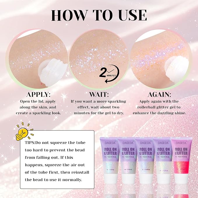 DAGEDA 2 Colors Roll-on Body Glitter, Eye Face Glitter Gel for Festival Outfit Mermaid Accessories,Holographic Color Body Shimmer Makeup Rave Outfits Accessories for Women(02+05)
