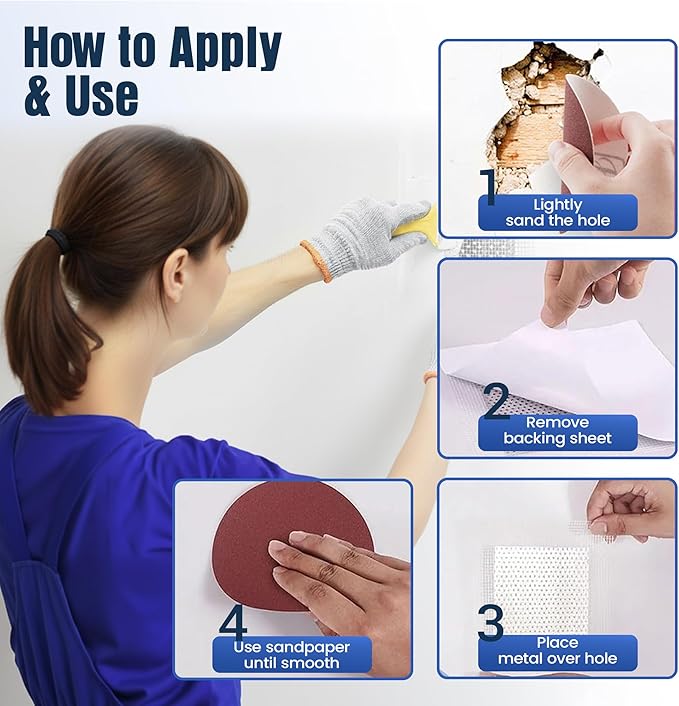 Wall Patch Repair Kit – 8 Multi-Size Aluminum Mesh Patches (2″ 4″ 6″ 8″) with Small & Medium Scrapers & 2 P180 Sandpapers| Drywall Hole Patch Kit for Sheetrock,Plaster & Ceiling Repair Large Value Set