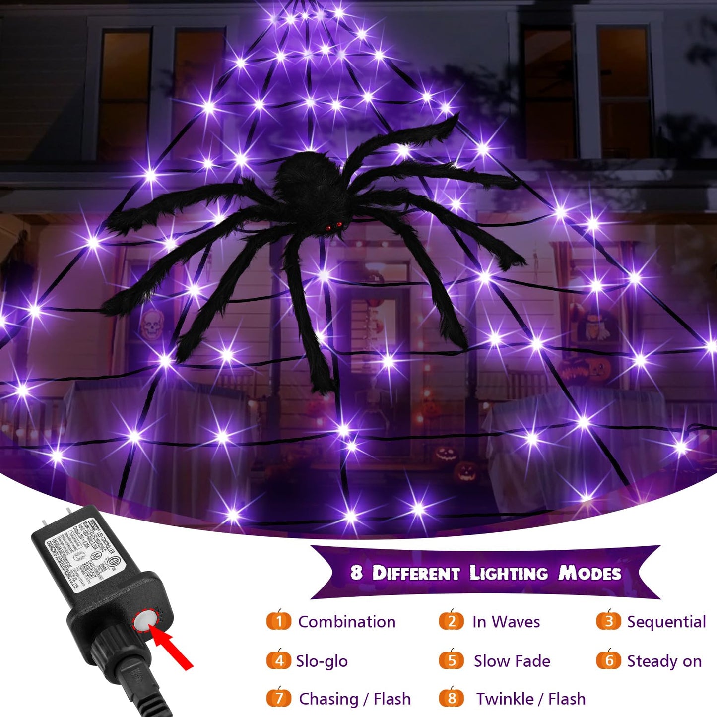 PUHONG Halloween Decorations 19.6Ft Spider Web Lights with 250 LEDs 8 Modes Waterproof Outdoor Plug-in Triangular Spider Web with Purple Lights for Yard Home Parties Haunted House Decor
