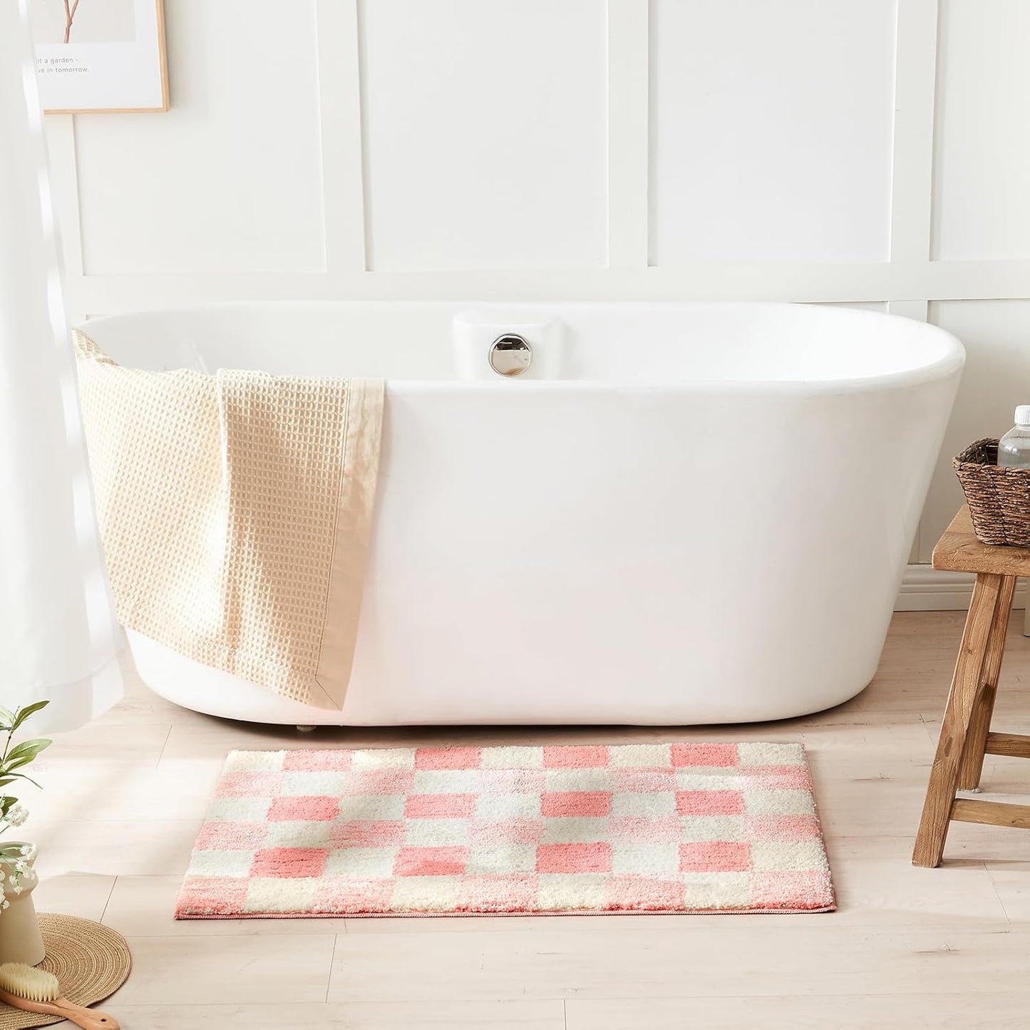 CozeCube Bath mats for Bathroom Non Slip, Fluffy Absorbent Microfiber Bath mat Washable, Aesthetic Bathroom Rugs, Long Blossom Pink Checkered Bath mat, Blossom Pink, 47" x 24"
