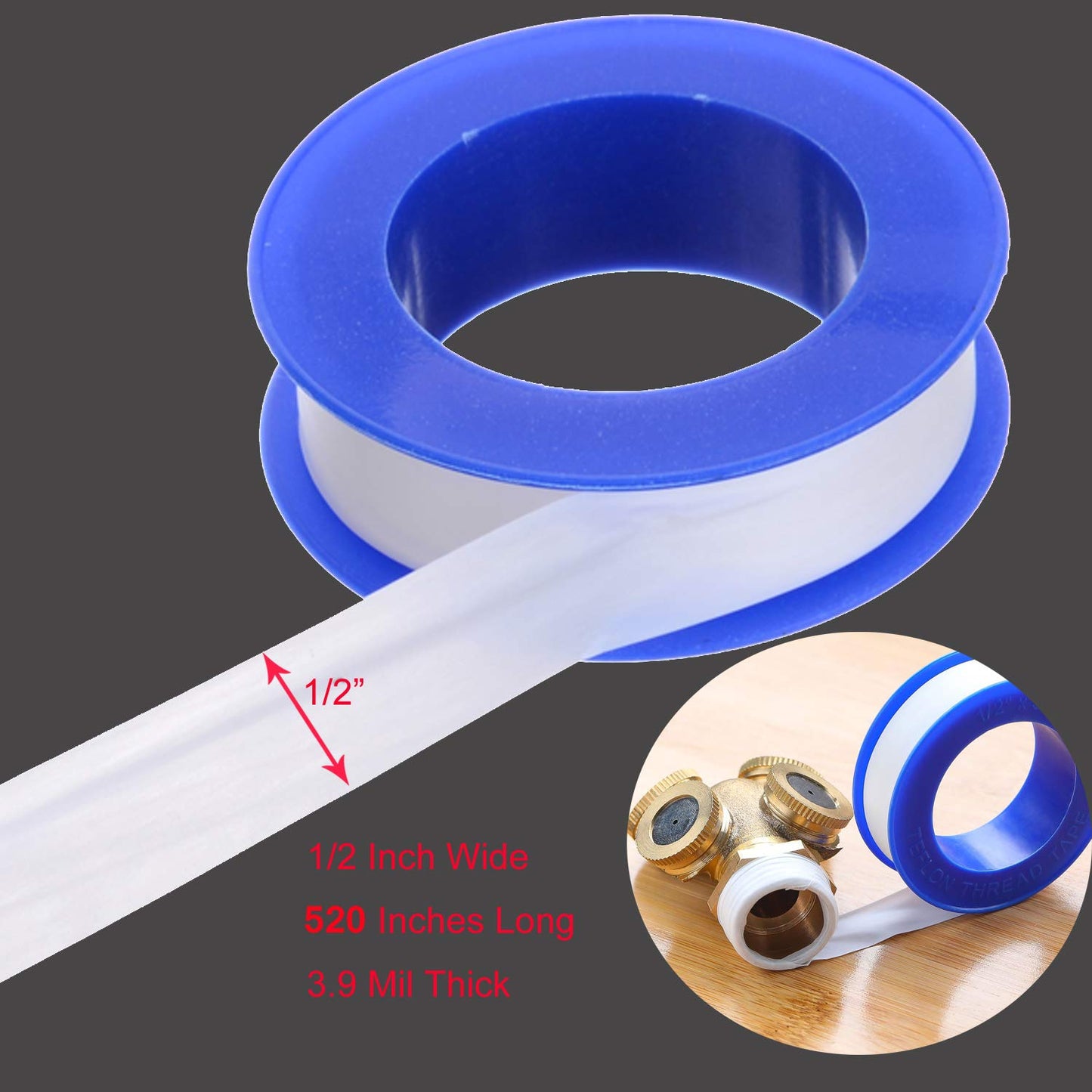 DOPKUSS Plumbers PTFE Pipe Sealant Tape, 5.5mil Thick, Flex Seal Tape Waterproof, -212 to 500 Degree F Temperature Range, White (1/2 by 520 Inches 1 Roll)