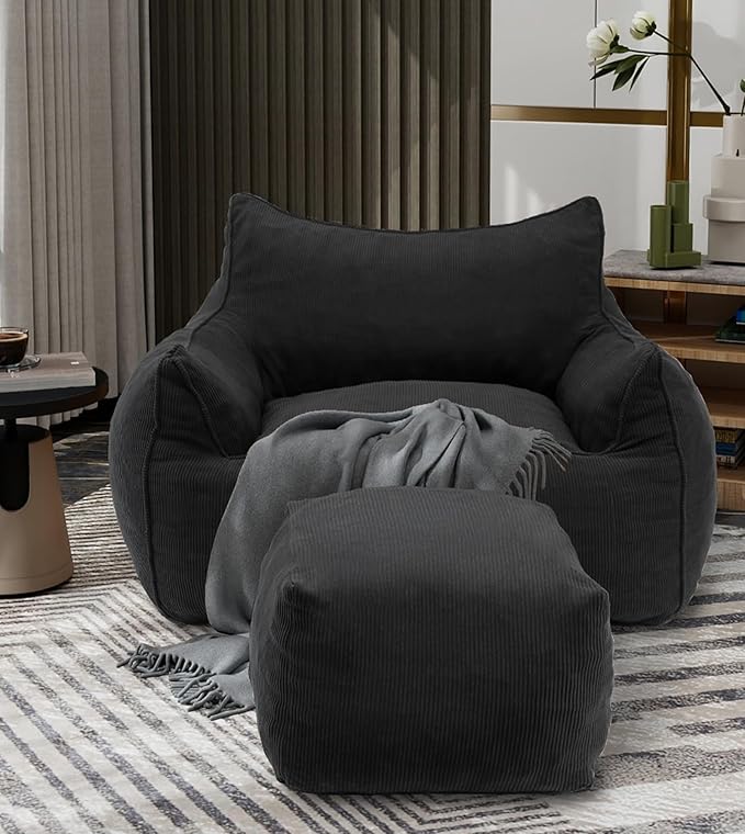 YOURLITE Bean Bag Chair for Adults with Footrest, High-Resilience Foam Filled Bean Bag Sofa with Armrests and Backrest, Comfy Corduroy Floor Sofa for Living Room, Bedroom or Balcony (Dark Grey)