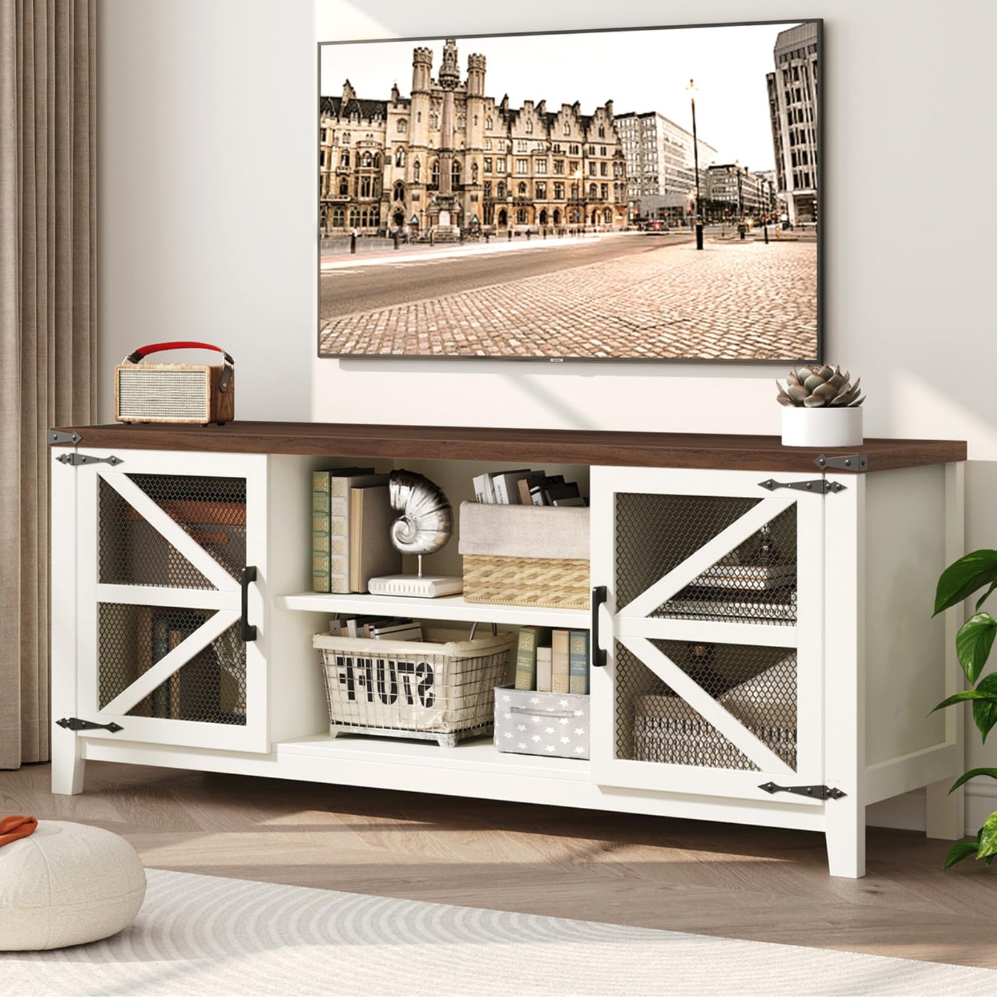 Jocoevol Tv Stand for 55 65 Inch Tv, Farmhouse Entertainment Center Tv Console with Storage & Adjustable Shelves & Mesh Door for Living Room, Bedroom, White