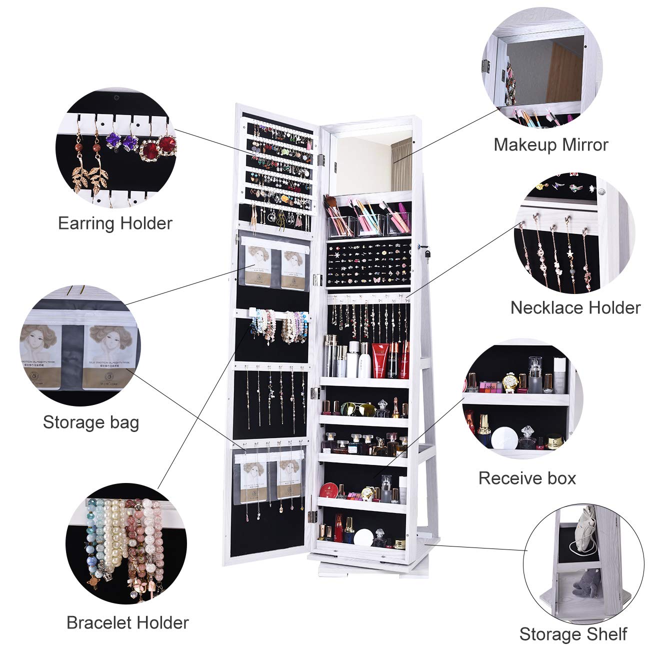 sogesfurniture Lockable Floor Standing Wooden Jewelry Armoire with Full Length Mirror 360°Rotatable Jewelry Organizer Cabinet Lockable with Storage Shelf, White BHUS-QH-7021C