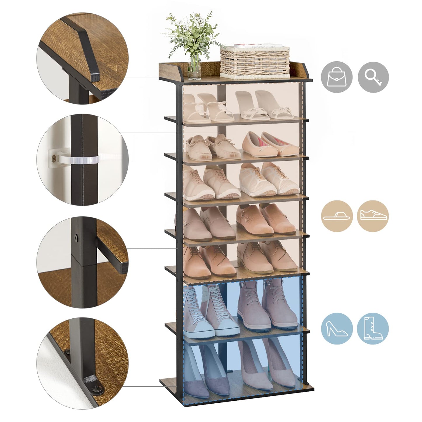 Mondeer Free Standing Shoe Rack, 8 Tier Narrow Tall Organizer Shelf for 8 Pairs in Small Space Entryway Hallway, Industrial Style Wooden Metal (Rustic Brown) (11" D x 18.5" W x 44.5" H)