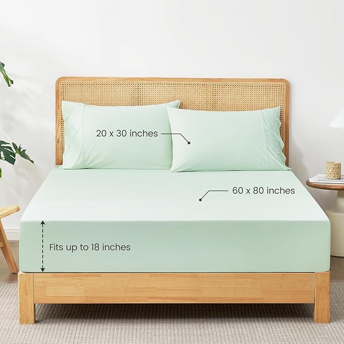 Cozy Bliss Premium Cooling Sheet Set Queen Size, Q-Max>0.4, 3PCS No Flat Sheet with 2 Pillowcases, Breathable Fitted Sheet for Hot Sleepers & Night Sweats, Deep Pocket Up to 18 Inches, Mint Green