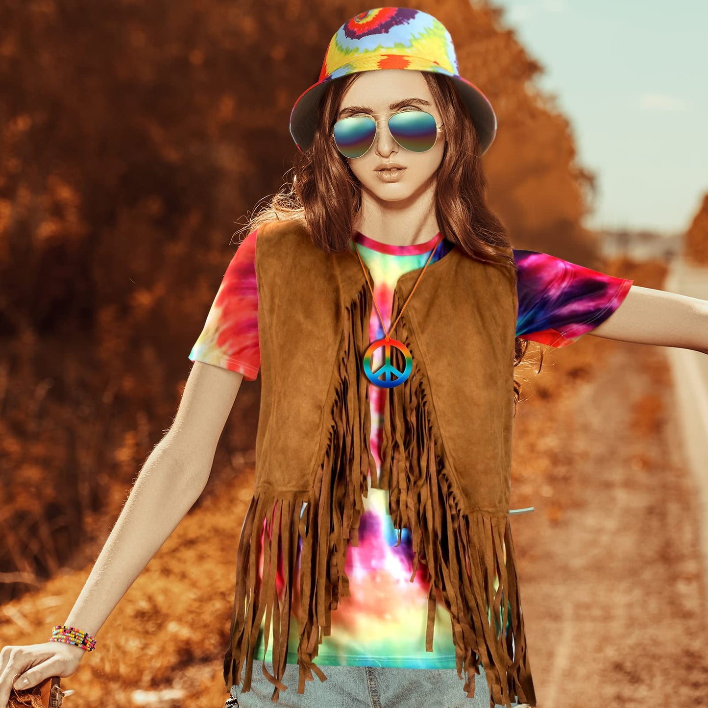 Mepase 6 Pcs 60s 70s Hippie Costume Tie Dye T Shirt Fringed Vest Peace Sign Necklace String Beads Bracelet Hat Sunglasses (Large)
